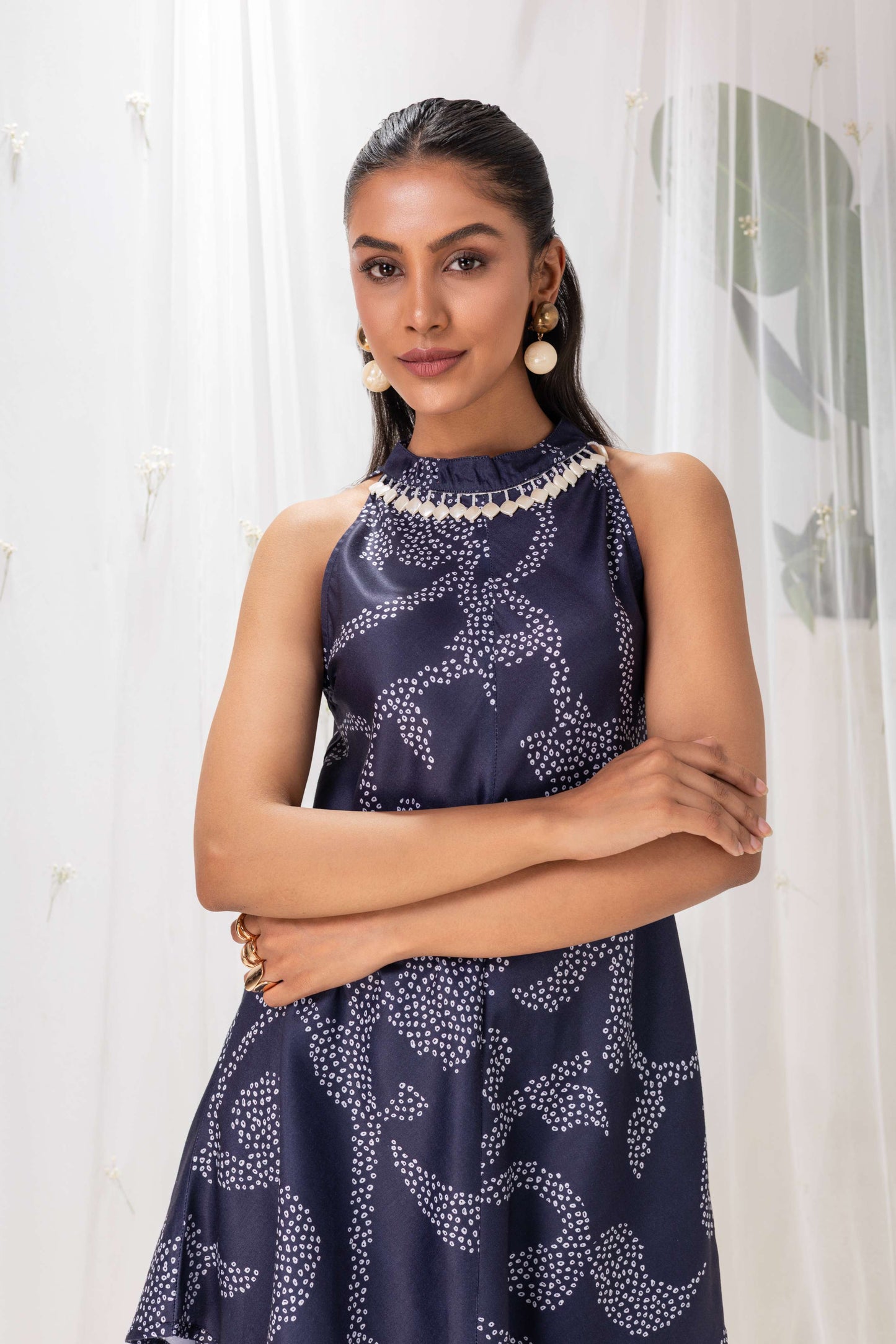 NAVY BLUE BANDHANI PRINTED HALTER SUIT SET