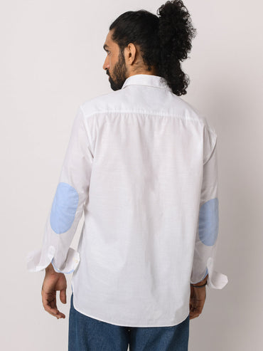 Contrast Elbow Patch Cotton White Shirt - Shiroi