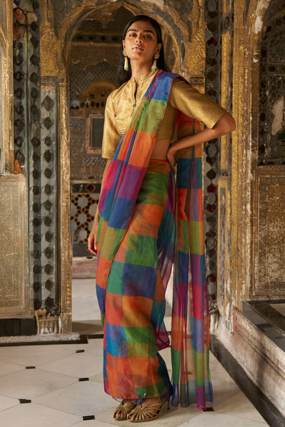 CHECK ORGANZA SARI DRAPE SKIRT