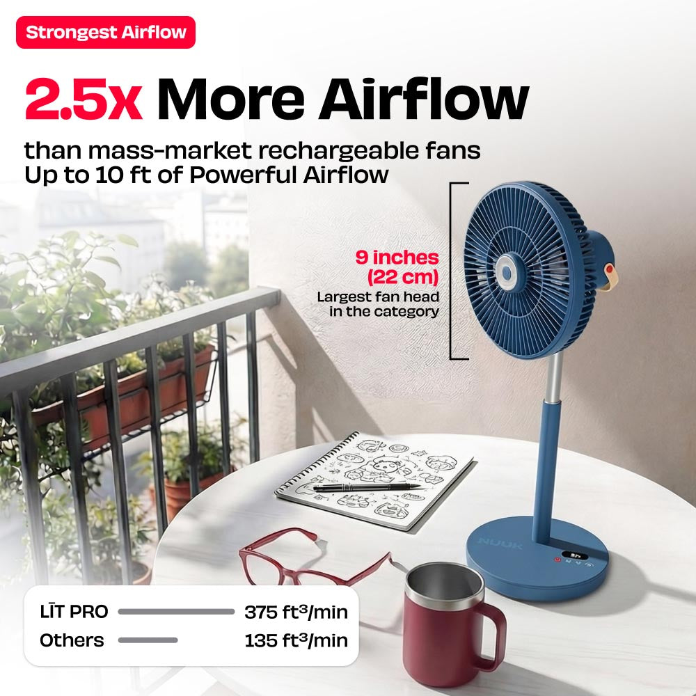 Rechargeable Table Fan with ProLift™ Adjustable Stem and Mood Light | LĪT PRO
