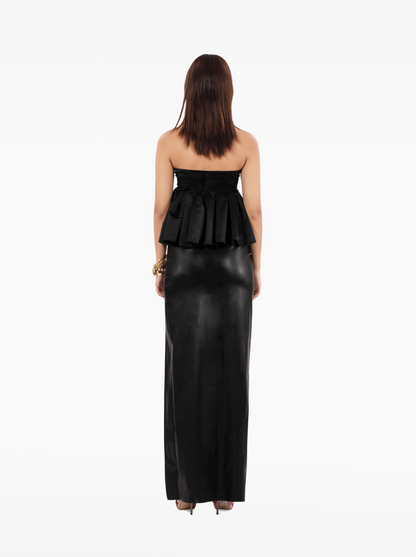 love talk top - black strapless, satin peplum top with an under-bust cutout birthday, party, dinner, vacation, date night outfits - SOLÉITE