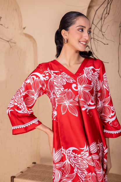 RED FLORAL PRINTED KURTA SET