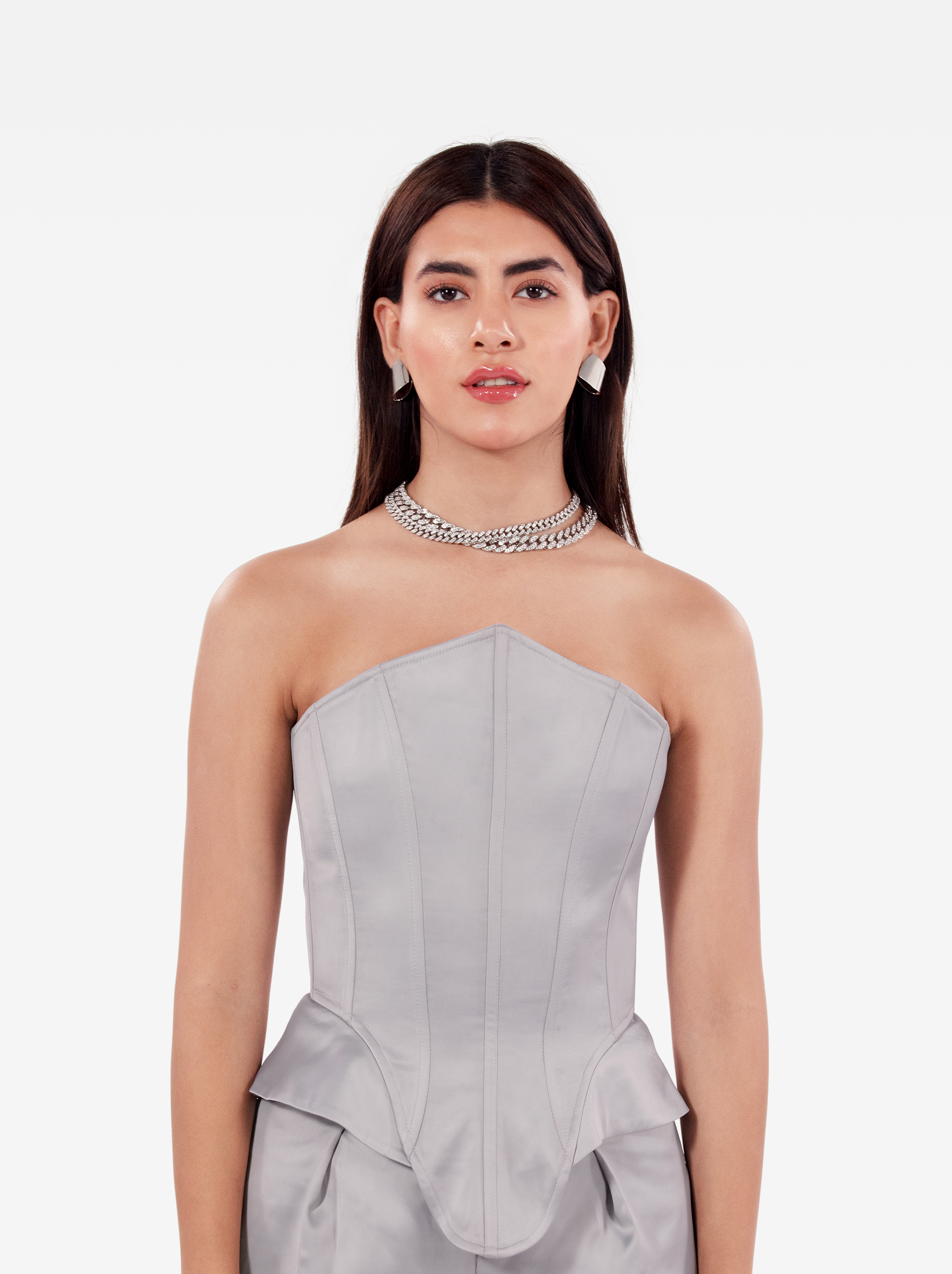 instant crush corset - silver grey satin asymmetric bustier top with a strapless design and structured boning, birthday, party, dinner, date outfit - SOLÉITE
