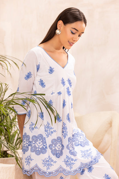White and Blue embroidered kurta set