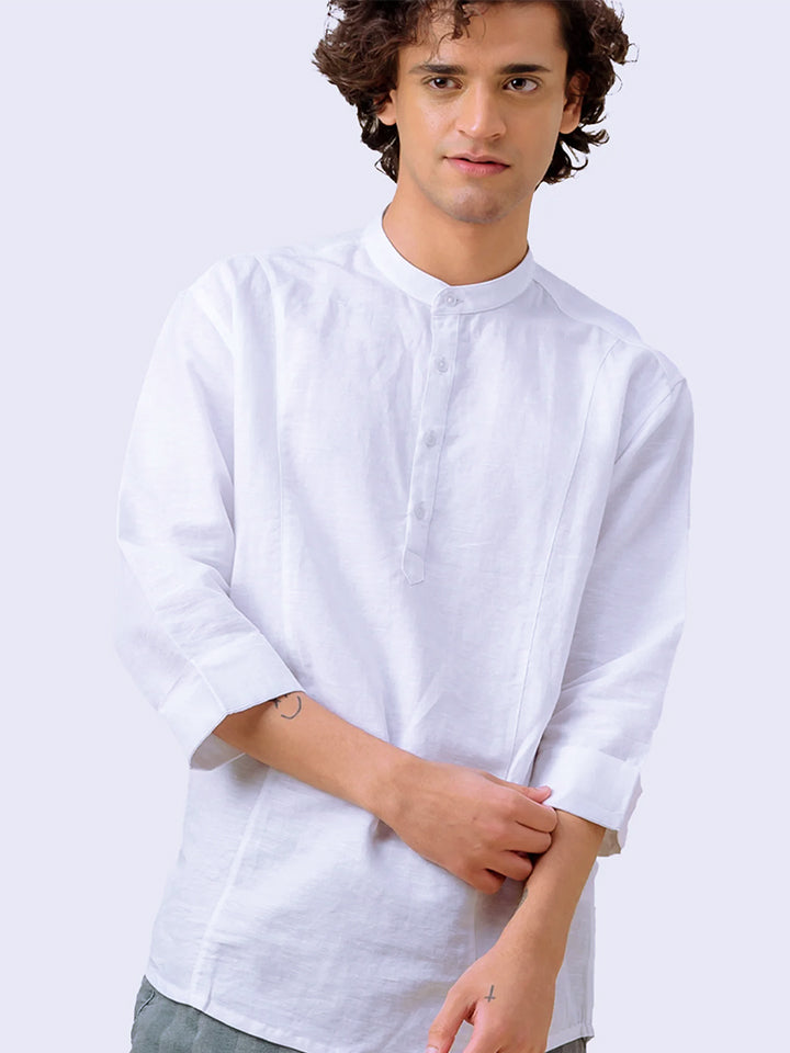 Panel Detail Cotton Linen White Kurta - Halfway