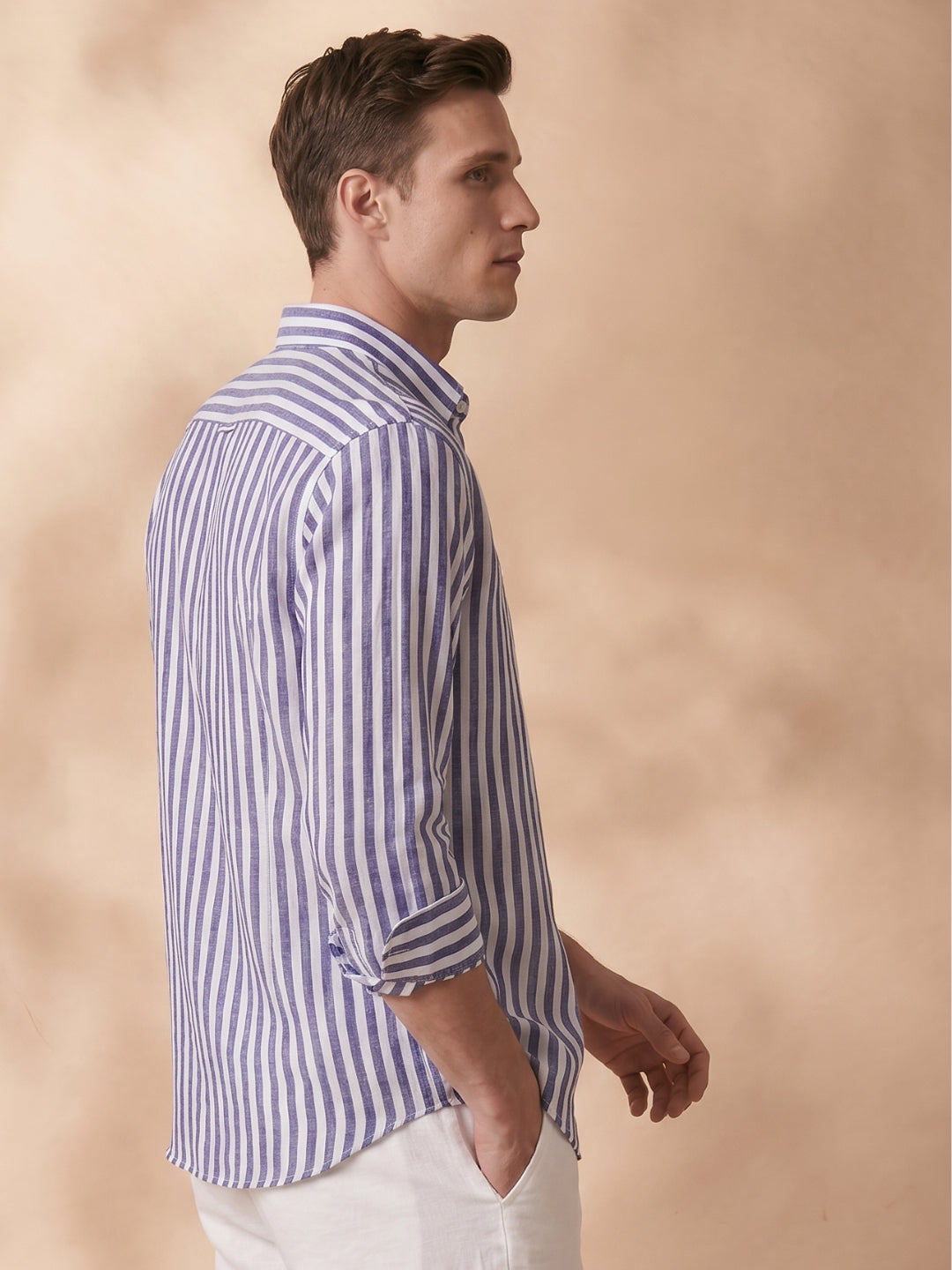 Regular Fit Purple Linen Striped Casual Shirt for Men (LUCID)