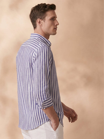 Regular Fit Purple Linen Striped Casual Shirt for Men (LUCID)