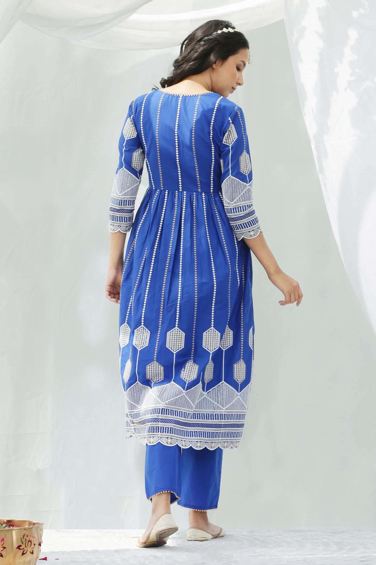 Blue And Gold Chikankari Embroidered Kurta Set