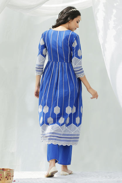 Blue And Gold Chikankari Embroidered Kurta Set