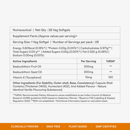 Origins Nutra Sea Buckthorn Oil |Reduce Wrinkles & Pigmentation, Supports Skin Hydration & Elasticity | Sea Buckthorn Oil | GMP Certified | For Men & Women | 28 Capsules.