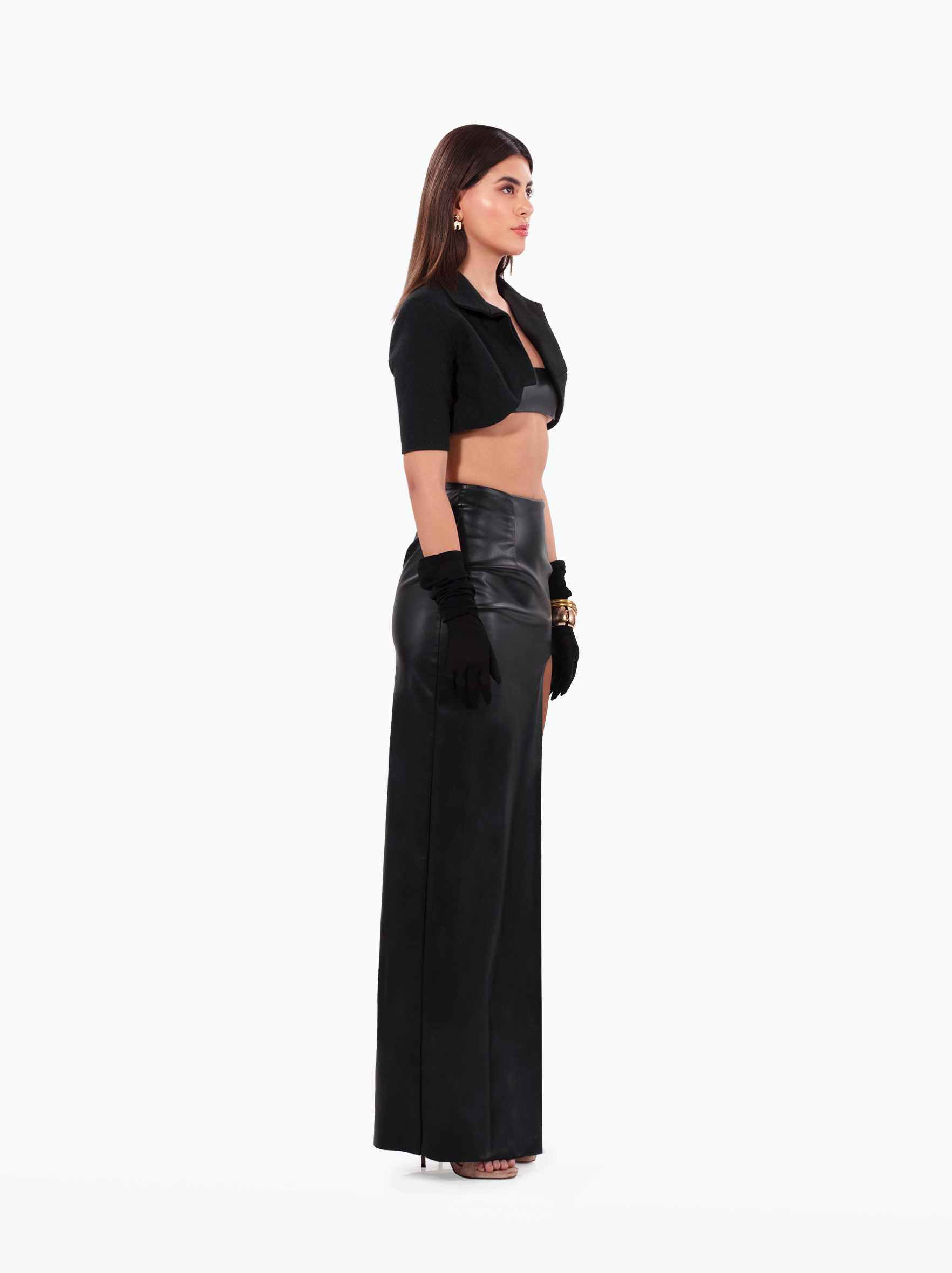 brooklyn baby skirt - black faux leather asymmetric skirt with u-cut side slit. high waisted fitted skirt by SOLÉITE
