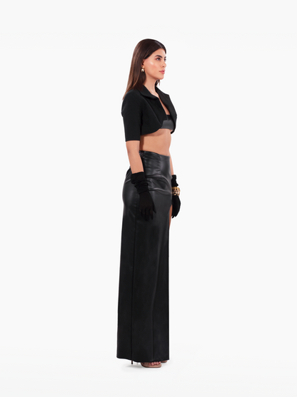 brooklyn baby skirt - black faux leather asymmetric skirt with u-cut side slit. high waisted fitted skirt by SOLÉITE