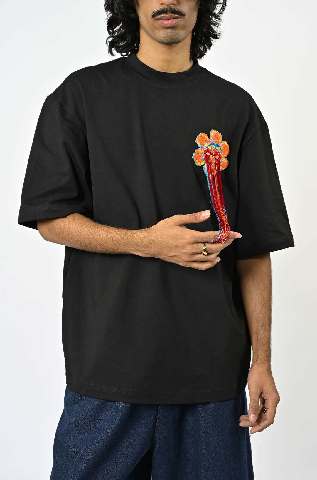 Hand-embroidered floral t-shirt (Black) | Huemn at Broadway