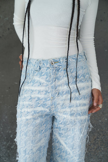 CHECKERED BLUE GRADIENT DISTRESSED FABRIC VALKYRE PANTS