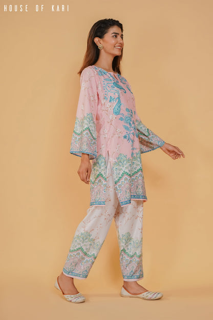 Nriti in Printkari Poly Muslin Co-ord set in Pink & Sky Blue