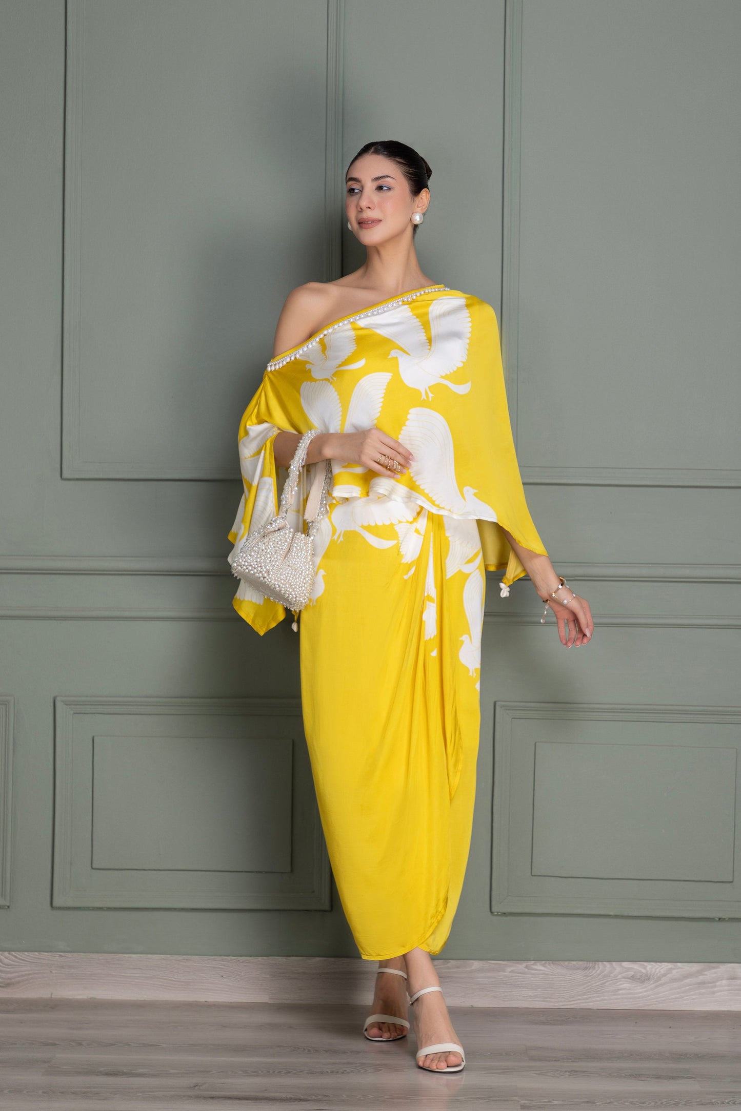 Eclectic Yellow Bird Flock Top and Dhoti Skirt Set
