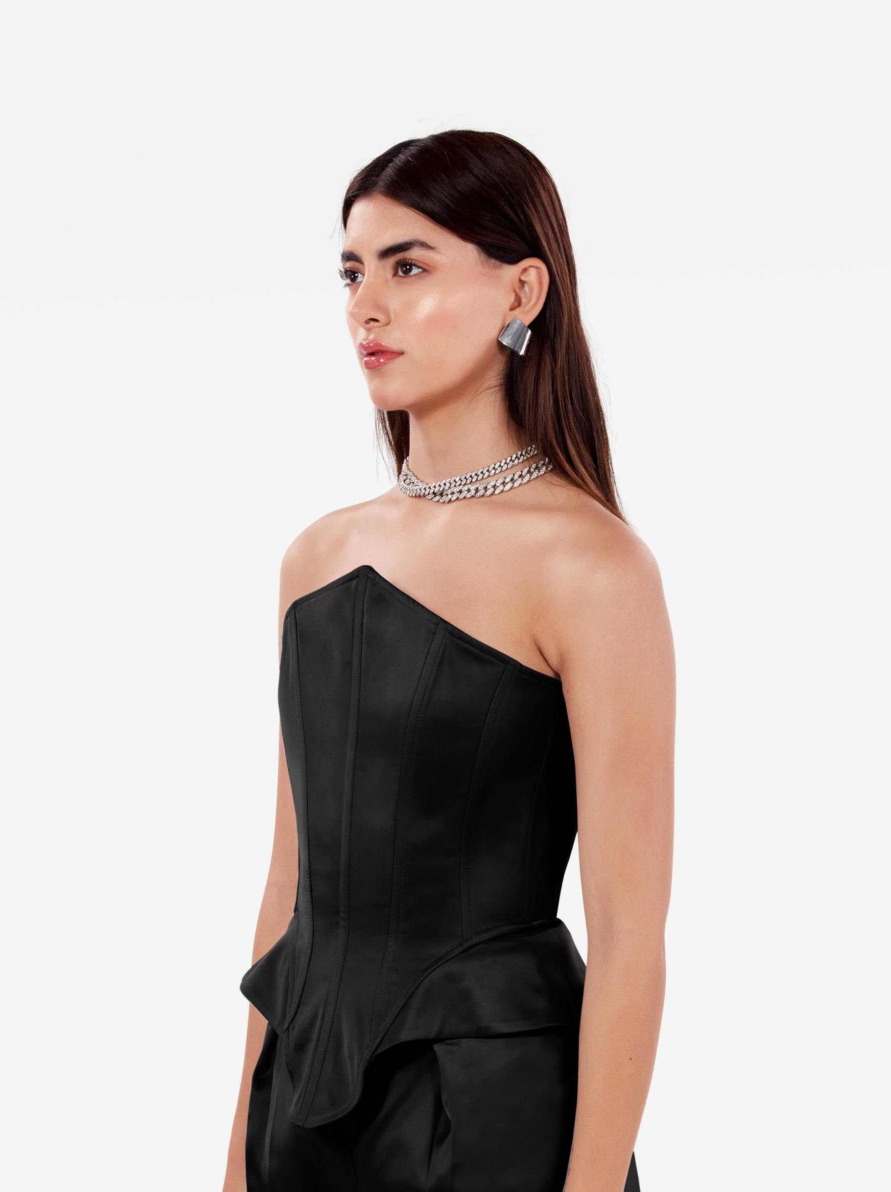 instant crush corset - black asymmetric bustier top with a strapless design and structured boning, birthday, party, dinner, date outfit - SOLÉITE