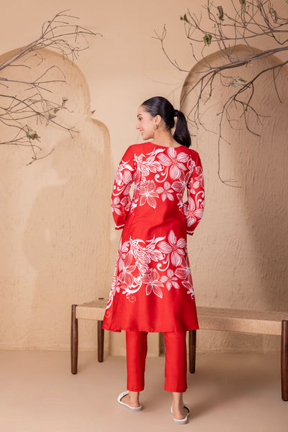 RED FLORAL PRINTED KURTA SET