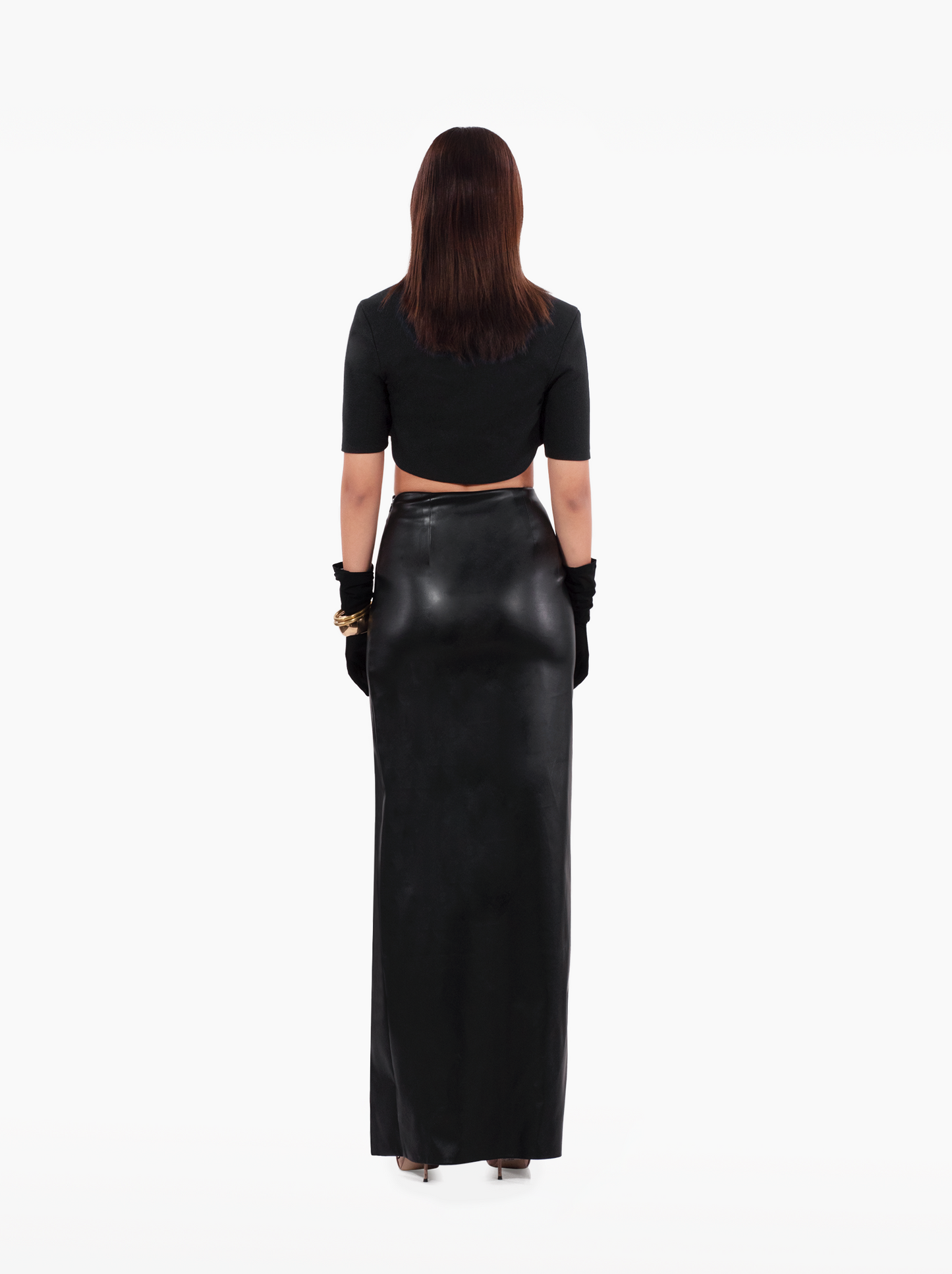 brooklyn baby skirt - black faux leather asymmetric skirt with u-cut side slit. high waisted fitted skirt by SOLÉITE