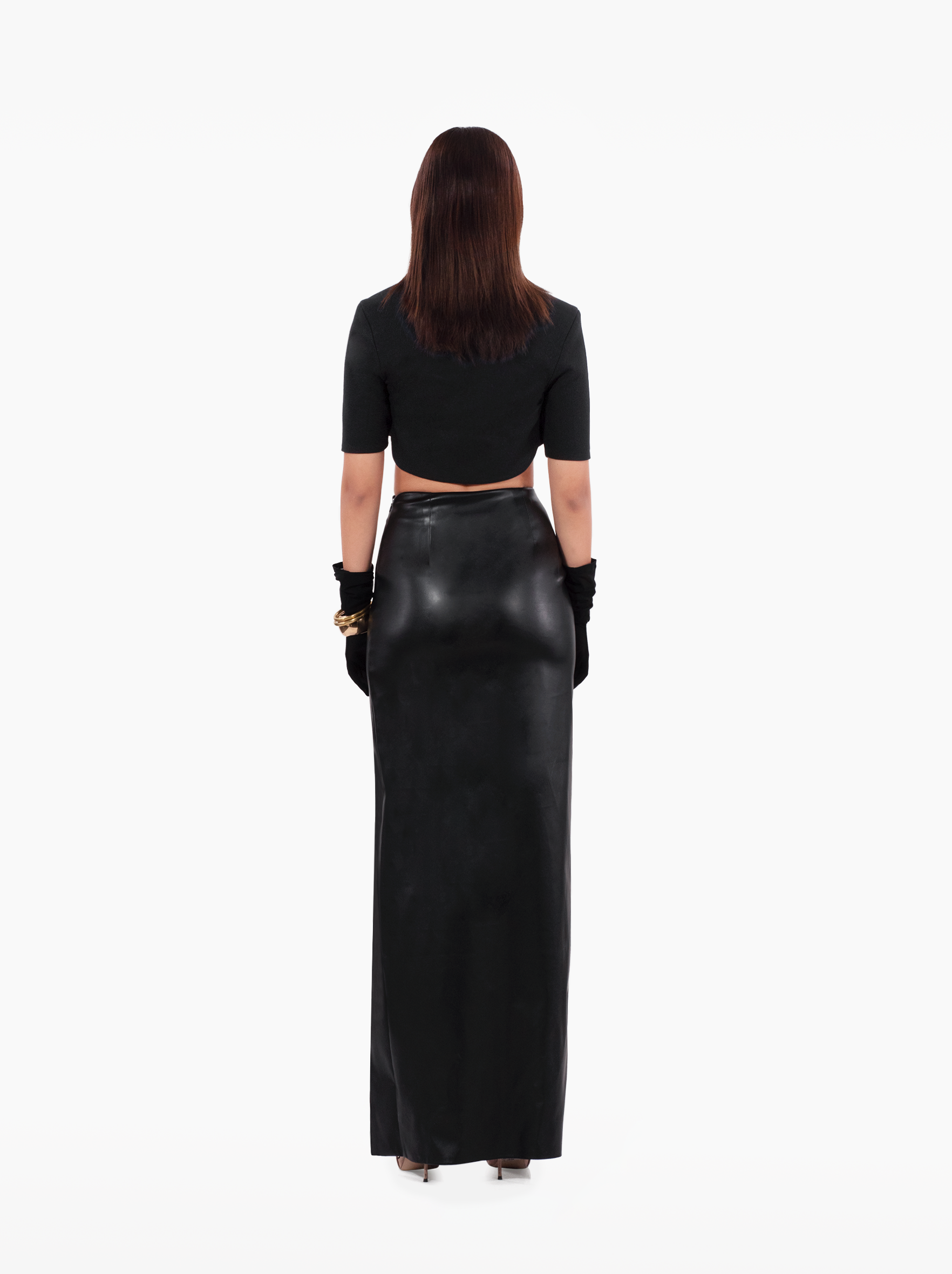 brooklyn baby skirt - black faux leather asymmetric skirt with u-cut side slit. high waisted fitted skirt by SOLÉITE