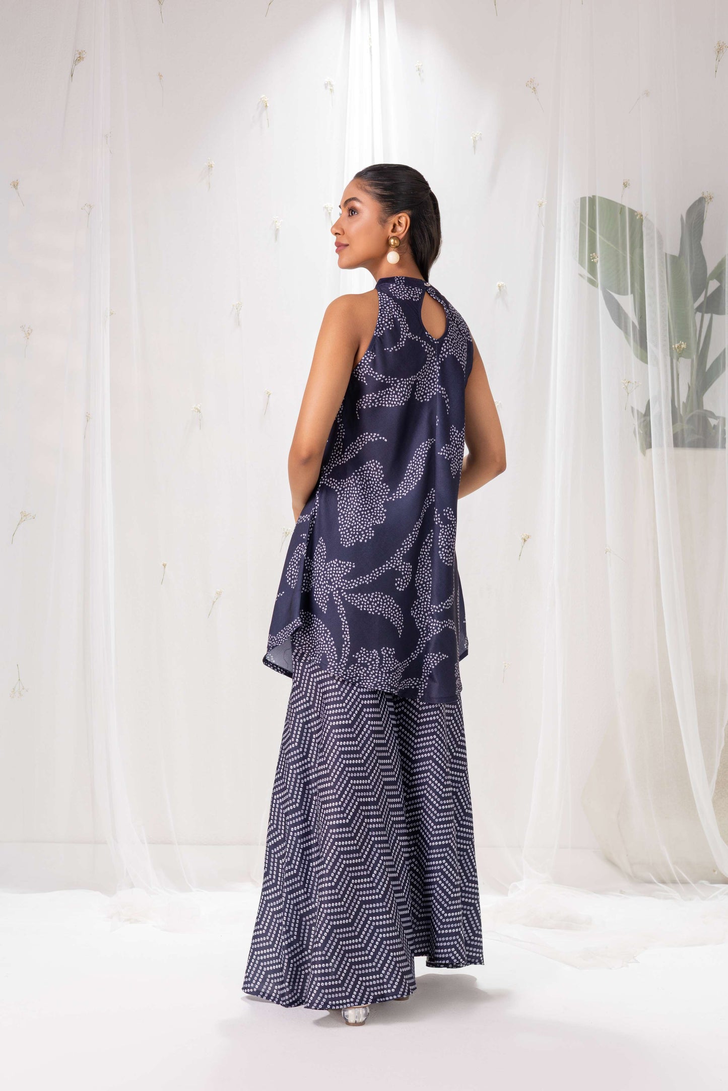 NAVY BLUE BANDHANI PRINTED HALTER SUIT SET