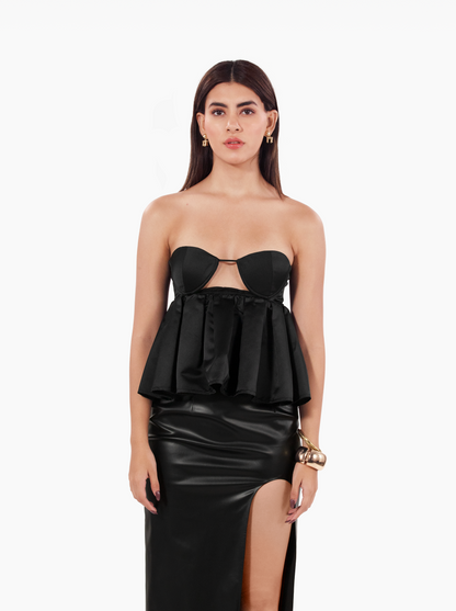 love talk top - black strapless, satin peplum top with an under-bust cutout birthday, party, dinner, vacation, date night outfits - SOLÉITE