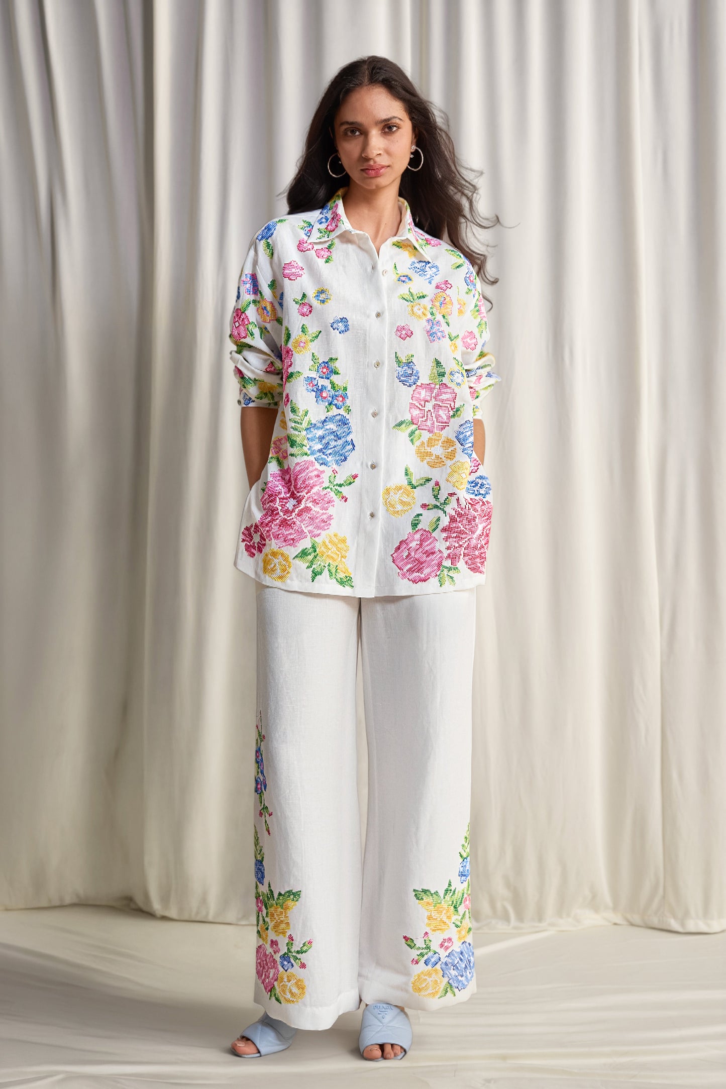 LINEN FLORAL CROSS-STITCH EMBROIDERED PANT