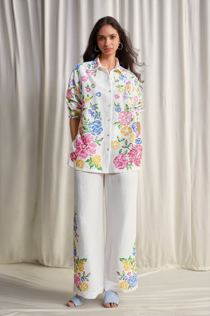 LINEN FLORAL CROSS-STITCH EMBROIDERED PANT