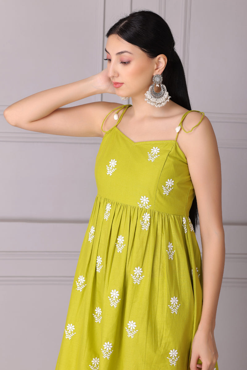 Lime Floral Halter Embroidered Kurta Set