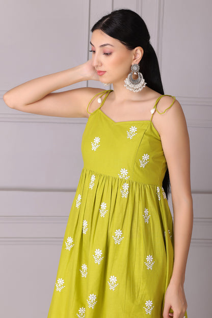Lime Floral Halter Embroidered Kurta Set