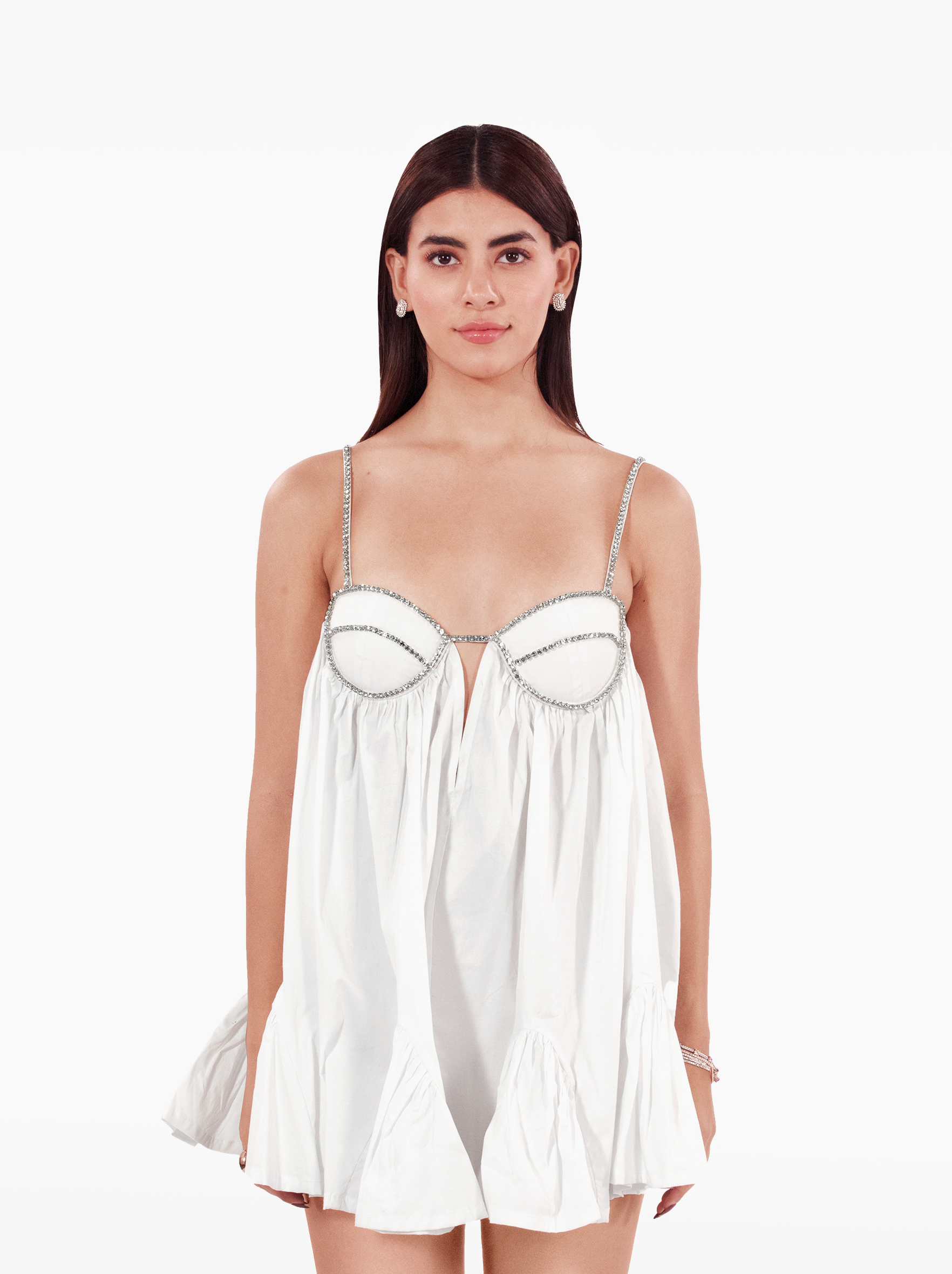 playdate dress - poplin mini dress, loosely fitted silhouette adorned with a crystal trimmed bra, with deep neckline. birthday dress, date night, vacation, euro summer, ibiza