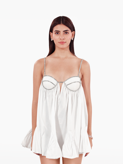 playdate dress - poplin mini dress, loosely fitted silhouette adorned with a crystal trimmed bra, with deep neckline. birthday dress, date night, vacation, euro summer, ibiza