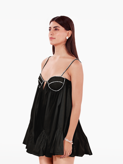 playdate dress - black poplin mini dress, loosely fitted silhouette adorned with a crystal trimmed bra, with deep neckline. birthday dress, date night, vacation, euro summer, ibiza