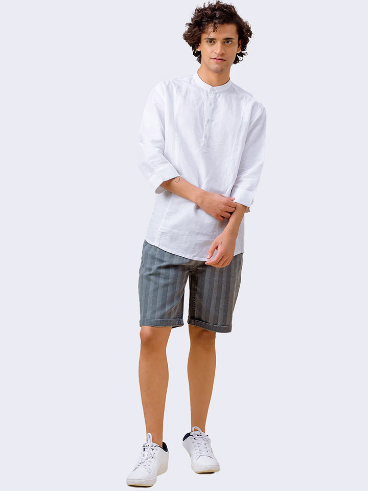 Panel Detail Cotton Linen White Kurta - Halfway