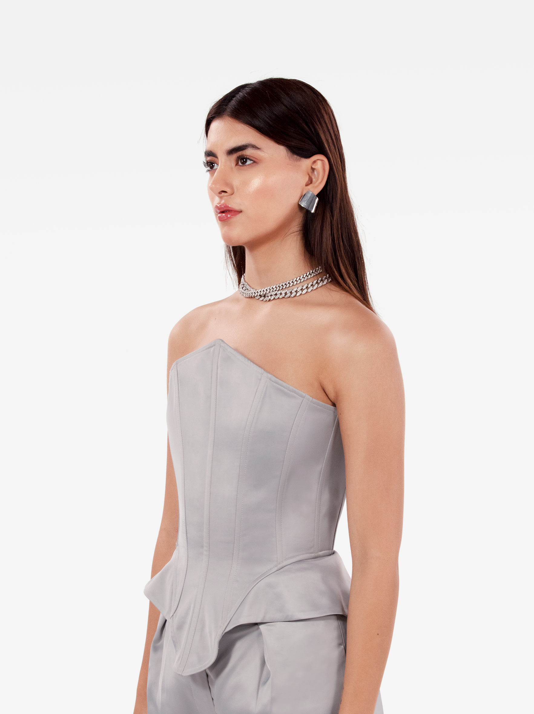 instant crush corset - silver grey satin asymmetric bustier top with a strapless design and structured boning, birthday, party, dinner, date outfit - SOLÉITE