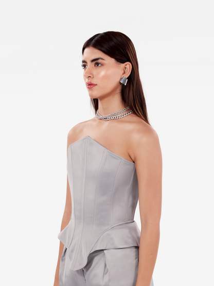 instant crush corset - silver grey satin asymmetric bustier top with a strapless design and structured boning, birthday, party, dinner, date outfit - SOLÉITE