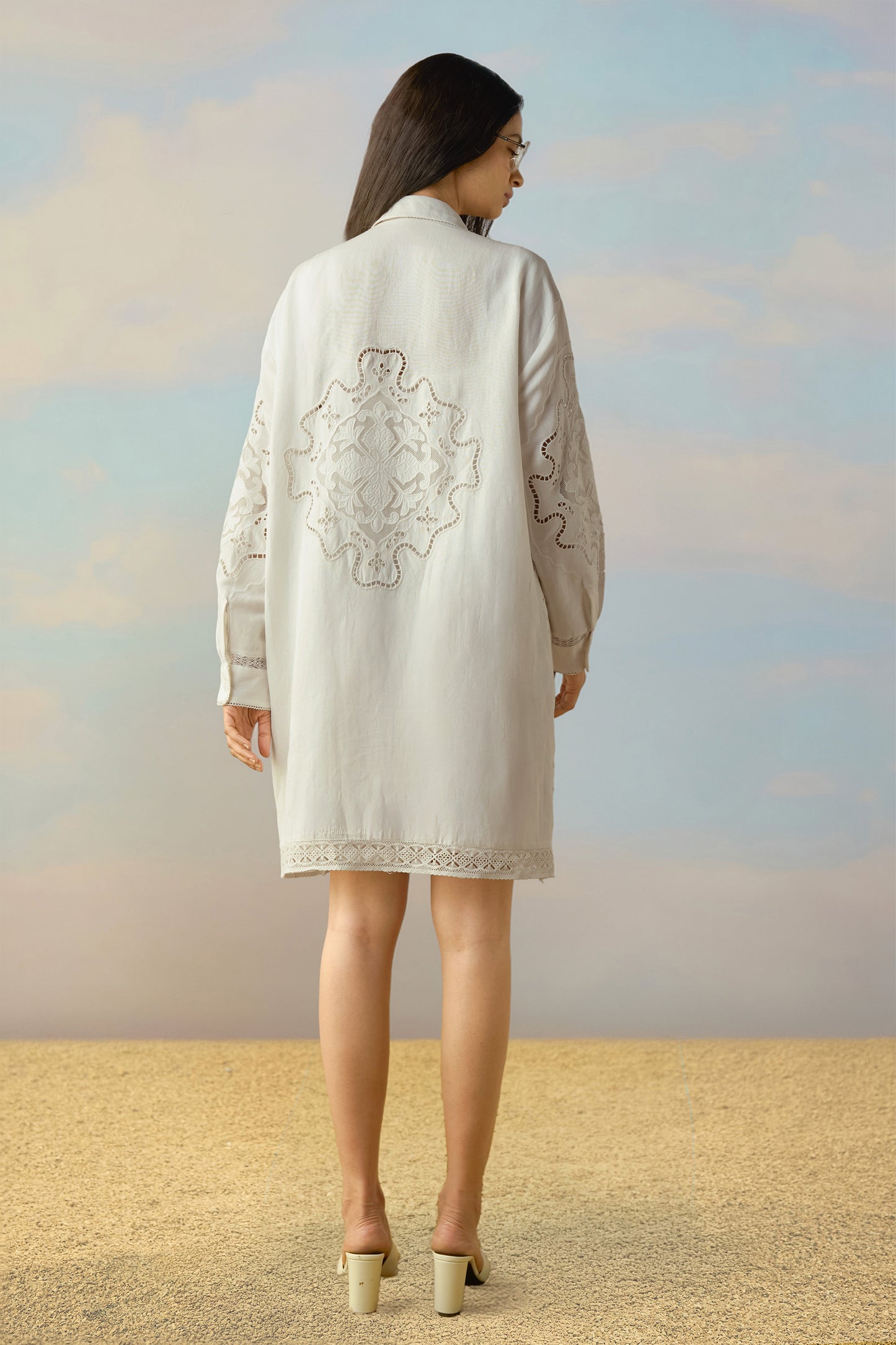LINEN CUTWORK & LACE EMBROIDERED SHIRT DRESS