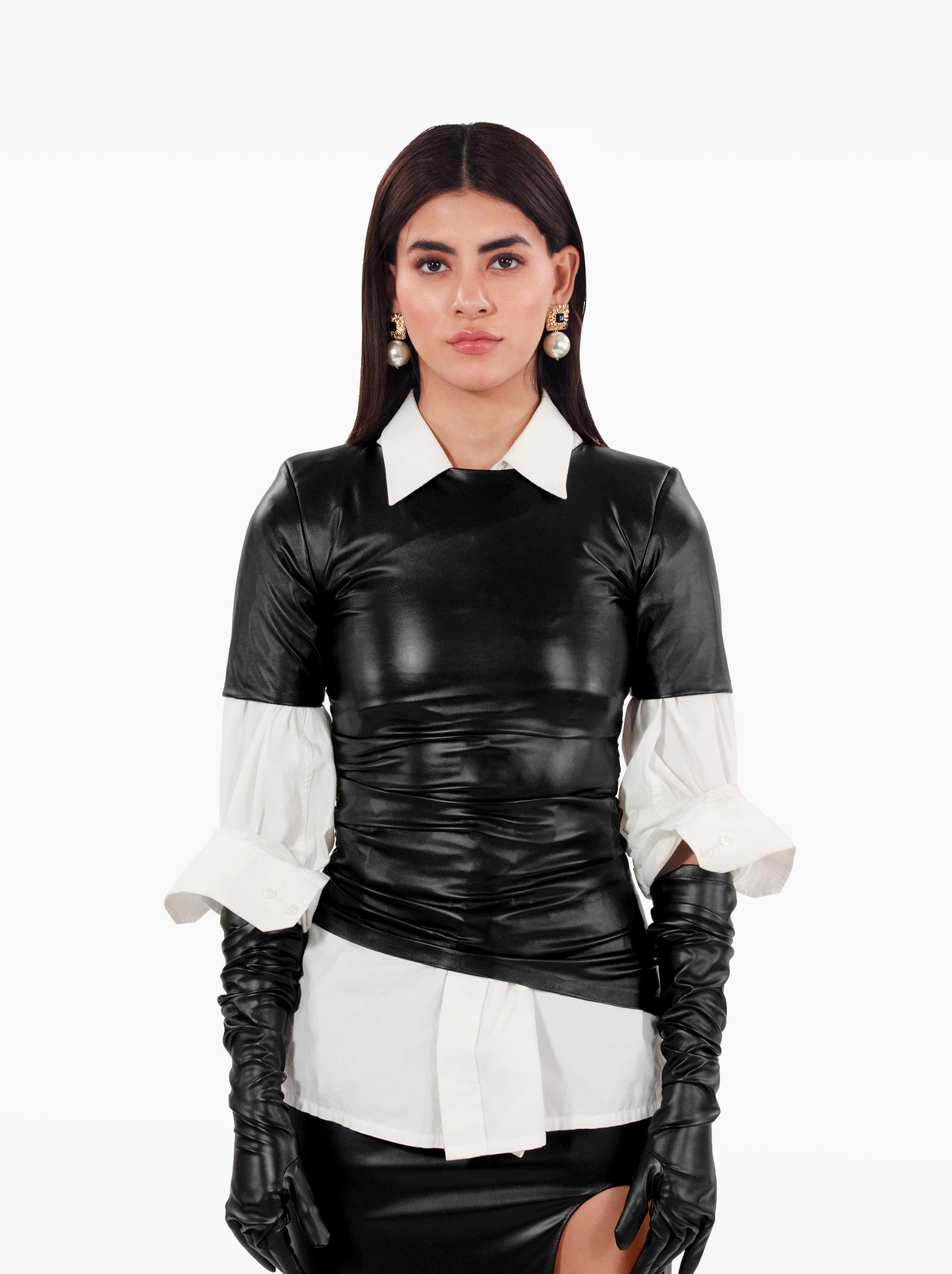 All Day and Night T-Shirt – black faux leather gathered tshirt top with shoulder pads and asymmetric hem by SOLÉITE