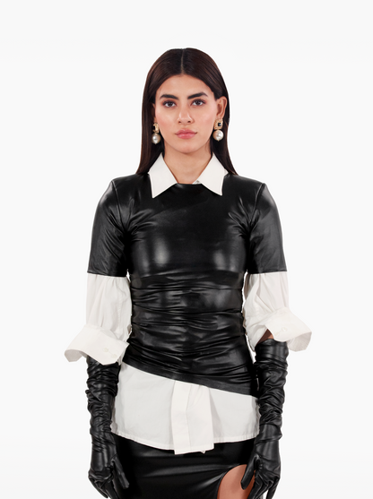 All Day and Night T-Shirt – black faux leather gathered tshirt top with shoulder pads and asymmetric hem by SOLÉITE