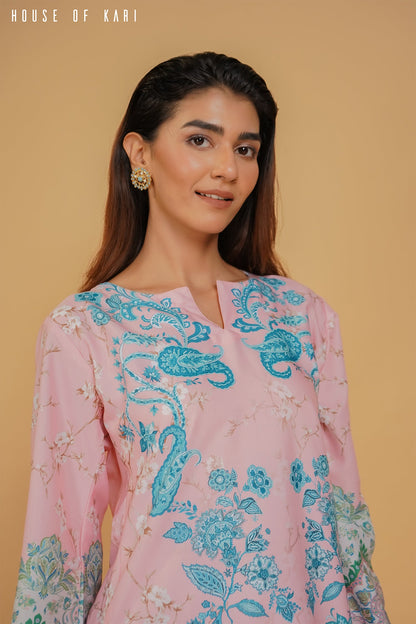 Nriti in Printkari Poly Muslin Co-ord set in Pink & Sky Blue