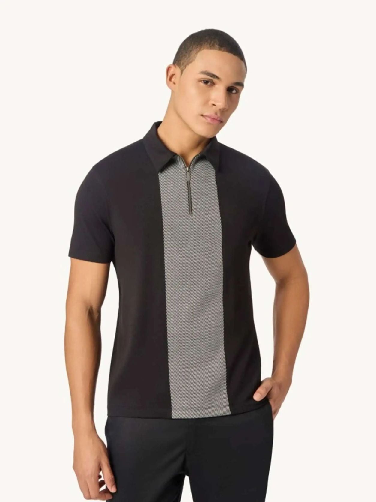 Black Zipper Polo For Men â€“ Twill Panel Edition