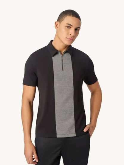 Black Zipper Polo For Men â€“ Twill Panel Edition