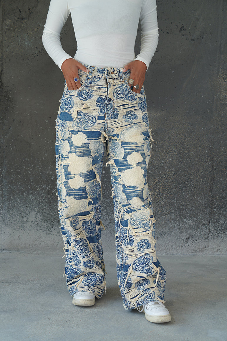 DISTRESSED FLORAL FABRIC VALKYRE JEANS