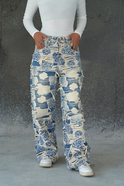 DISTRESSED FLORAL FABRIC VALKYRE JEANS