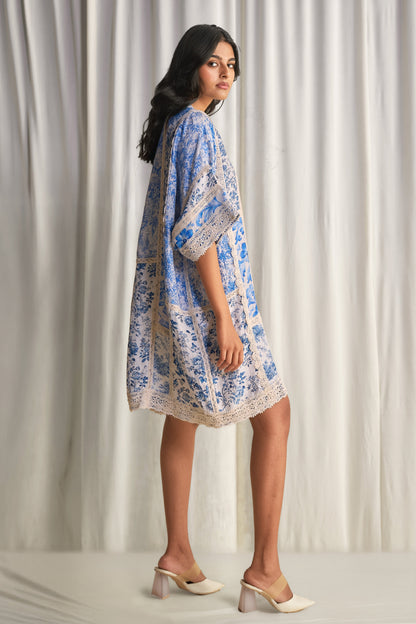 SILK-LINEN PORCELAIN PRINT PATCHWORK DRESS
