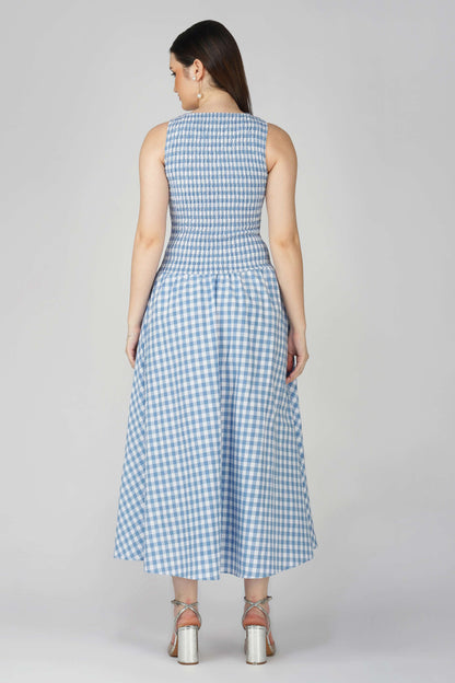 Blue Gingham Smocked Bodice Dress