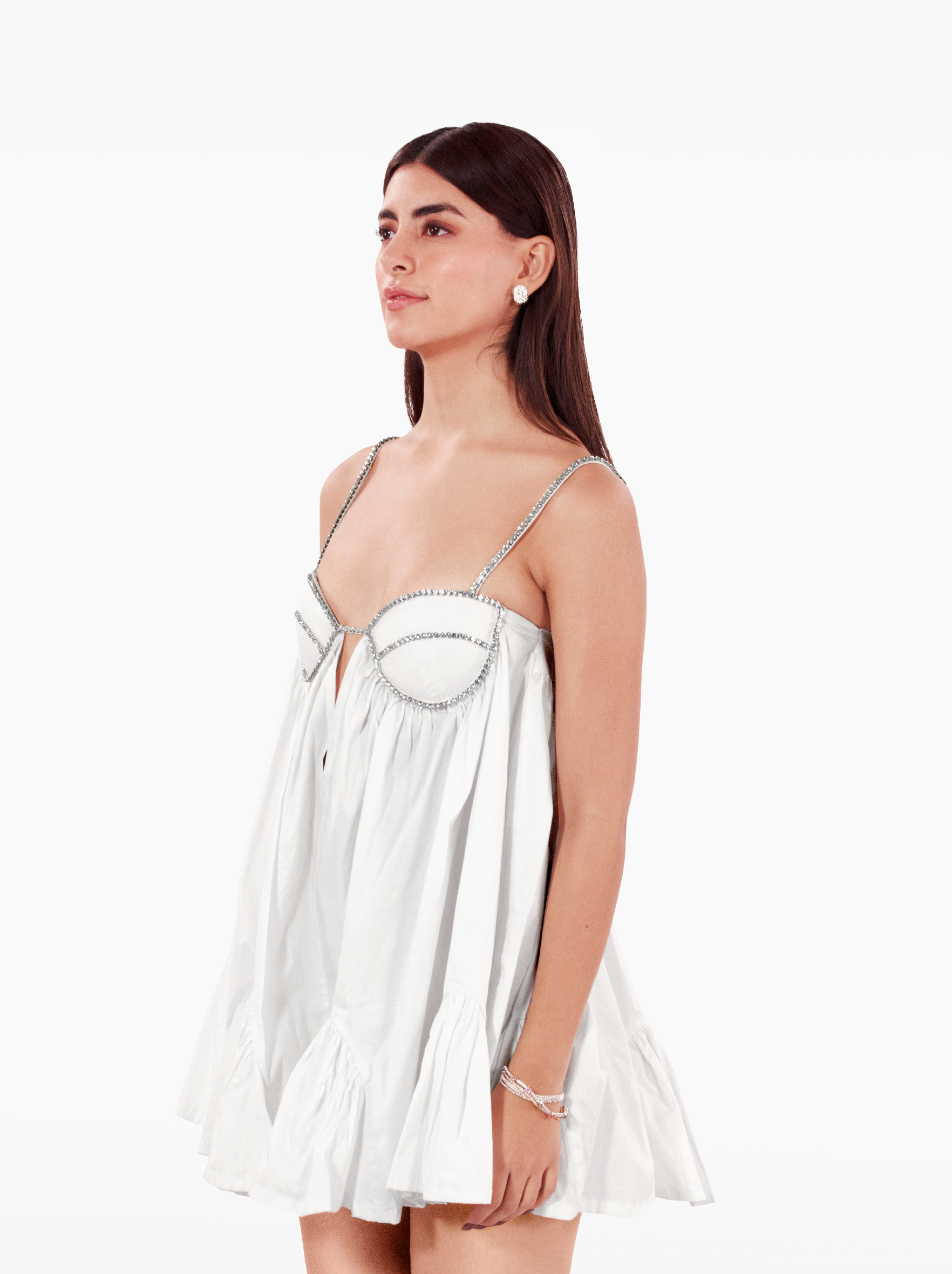 playdate dress - poplin mini dress, loosely fitted silhouette adorned with a crystal trimmed bra, with deep neckline. birthday dress, date night, vacation, euro summer, ibiza