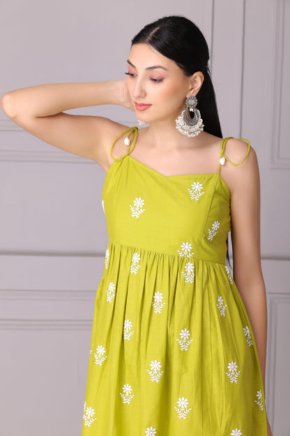 Lime Floral Halter Embroidered Kurta Set