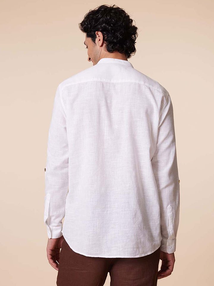 Vedic White Solid V-Neck Mau Collar Shirt