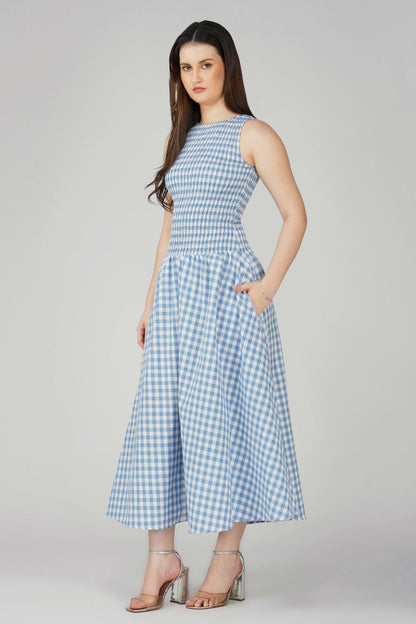 Blue Gingham Smocked Bodice Dress
